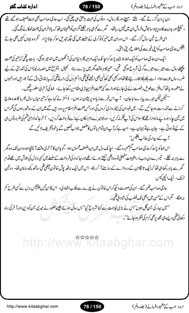 Urdu Adab ke Mashhoor (maroof) Afsanay is a second collection of selective short stories (afsane) of famous urdu writers (afsana nigar). It contains Kali Bala by Shaukat Siddiqi, Qaidi by Ibrahim Jalees, Akhrot Jha chuha bhes by Mumtaz Mufti, Saib ka Darakht, Bottle ka Jini by A. Hameed, Fasla by Wajda Tabassum, Badam Rangi by Balwant Singh, Bayhuda Khawand by Kanhaya Lal Kapoor, Ajeeb Qatal by Sheen Meem Jamil, Dil hi tou hay, Bhanwar, Gondani by Ghulam Abbas, Majeed ka Mazi, Pooja Phadday Baz by Saadat Hasan Manto, Mader Zaad by Khawaja Ahmed Abbas, Ooper Gori ka makaan by Agha Babar, Adha by Gulzar, SahibaN Mirza by Ali Haider Malik, Lottery by Munshi Prem Chand, Molvi Maherban Ali by Ibn-e-Insha, Lemon Juice by Chiter Sain, Gher Qanooni Mashwara, Loh-e-Mazar by MopasaN (terjuma), Aik thi Fakhta by Muhammad Mansha Yaad, Soti Salgira by Ashfaq Ahmed