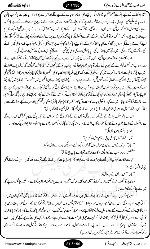 Urdu Adab ke Mashhoor (maroof) Afsanay is a second collection of selective short stories (afsane) of famous urdu writers (afsana nigar). It contains Kali Bala by Shaukat Siddiqi, Qaidi by Ibrahim Jalees, Akhrot Jha chuha bhes by Mumtaz Mufti, Saib ka Darakht, Bottle ka Jini by A. Hameed, Fasla by Wajda Tabassum, Badam Rangi by Balwant Singh, Bayhuda Khawand by Kanhaya Lal Kapoor, Ajeeb Qatal by Sheen Meem Jamil, Dil hi tou hay, Bhanwar, Gondani by Ghulam Abbas, Majeed ka Mazi, Pooja Phadday Baz by Saadat Hasan Manto, Mader Zaad by Khawaja Ahmed Abbas, Ooper Gori ka makaan by Agha Babar, Adha by Gulzar, SahibaN Mirza by Ali Haider Malik, Lottery by Munshi Prem Chand, Molvi Maherban Ali by Ibn-e-Insha, Lemon Juice by Chiter Sain, Gher Qanooni Mashwara, Loh-e-Mazar by MopasaN (terjuma), Aik thi Fakhta by Muhammad Mansha Yaad, Soti Salgira by Ashfaq Ahmed