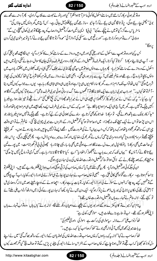Urdu Adab ke Mashhoor (maroof) Afsanay is a second collection of selective short stories (afsane) of famous urdu writers (afsana nigar). It contains Kali Bala by Shaukat Siddiqi, Qaidi by Ibrahim Jalees, Akhrot Jha chuha bhes by Mumtaz Mufti, Saib ka Darakht, Bottle ka Jini by A. Hameed, Fasla by Wajda Tabassum, Badam Rangi by Balwant Singh, Bayhuda Khawand by Kanhaya Lal Kapoor, Ajeeb Qatal by Sheen Meem Jamil, Dil hi tou hay, Bhanwar, Gondani by Ghulam Abbas, Majeed ka Mazi, Pooja Phadday Baz by Saadat Hasan Manto, Mader Zaad by Khawaja Ahmed Abbas, Ooper Gori ka makaan by Agha Babar, Adha by Gulzar, SahibaN Mirza by Ali Haider Malik, Lottery by Munshi Prem Chand, Molvi Maherban Ali by Ibn-e-Insha, Lemon Juice by Chiter Sain, Gher Qanooni Mashwara, Loh-e-Mazar by MopasaN (terjuma), Aik thi Fakhta by Muhammad Mansha Yaad, Soti Salgira by Ashfaq Ahmed