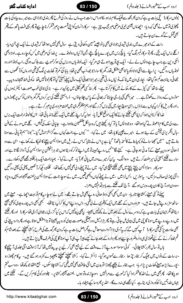 Urdu Adab ke Mashhoor (maroof) Afsanay is a second collection of selective short stories (afsane) of famous urdu writers (afsana nigar). It contains Kali Bala by Shaukat Siddiqi, Qaidi by Ibrahim Jalees, Akhrot Jha chuha bhes by Mumtaz Mufti, Saib ka Darakht, Bottle ka Jini by A. Hameed, Fasla by Wajda Tabassum, Badam Rangi by Balwant Singh, Bayhuda Khawand by Kanhaya Lal Kapoor, Ajeeb Qatal by Sheen Meem Jamil, Dil hi tou hay, Bhanwar, Gondani by Ghulam Abbas, Majeed ka Mazi, Pooja Phadday Baz by Saadat Hasan Manto, Mader Zaad by Khawaja Ahmed Abbas, Ooper Gori ka makaan by Agha Babar, Adha by Gulzar, SahibaN Mirza by Ali Haider Malik, Lottery by Munshi Prem Chand, Molvi Maherban Ali by Ibn-e-Insha, Lemon Juice by Chiter Sain, Gher Qanooni Mashwara, Loh-e-Mazar by MopasaN (terjuma), Aik thi Fakhta by Muhammad Mansha Yaad, Soti Salgira by Ashfaq Ahmed