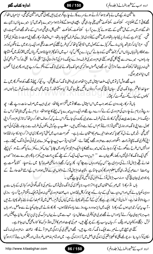 Urdu Adab ke Mashhoor (maroof) Afsanay is a second collection of selective short stories (afsane) of famous urdu writers (afsana nigar). It contains Kali Bala by Shaukat Siddiqi, Qaidi by Ibrahim Jalees, Akhrot Jha chuha bhes by Mumtaz Mufti, Saib ka Darakht, Bottle ka Jini by A. Hameed, Fasla by Wajda Tabassum, Badam Rangi by Balwant Singh, Bayhuda Khawand by Kanhaya Lal Kapoor, Ajeeb Qatal by Sheen Meem Jamil, Dil hi tou hay, Bhanwar, Gondani by Ghulam Abbas, Majeed ka Mazi, Pooja Phadday Baz by Saadat Hasan Manto, Mader Zaad by Khawaja Ahmed Abbas, Ooper Gori ka makaan by Agha Babar, Adha by Gulzar, SahibaN Mirza by Ali Haider Malik, Lottery by Munshi Prem Chand, Molvi Maherban Ali by Ibn-e-Insha, Lemon Juice by Chiter Sain, Gher Qanooni Mashwara, Loh-e-Mazar by MopasaN (terjuma), Aik thi Fakhta by Muhammad Mansha Yaad, Soti Salgira by Ashfaq Ahmed