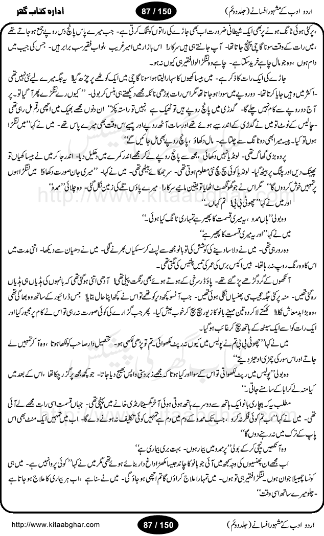 Urdu Adab ke Mashhoor (maroof) Afsanay is a second collection of selective short stories (afsane) of famous urdu writers (afsana nigar). It contains Kali Bala by Shaukat Siddiqi, Qaidi by Ibrahim Jalees, Akhrot Jha chuha bhes by Mumtaz Mufti, Saib ka Darakht, Bottle ka Jini by A. Hameed, Fasla by Wajda Tabassum, Badam Rangi by Balwant Singh, Bayhuda Khawand by Kanhaya Lal Kapoor, Ajeeb Qatal by Sheen Meem Jamil, Dil hi tou hay, Bhanwar, Gondani by Ghulam Abbas, Majeed ka Mazi, Pooja Phadday Baz by Saadat Hasan Manto, Mader Zaad by Khawaja Ahmed Abbas, Ooper Gori ka makaan by Agha Babar, Adha by Gulzar, SahibaN Mirza by Ali Haider Malik, Lottery by Munshi Prem Chand, Molvi Maherban Ali by Ibn-e-Insha, Lemon Juice by Chiter Sain, Gher Qanooni Mashwara, Loh-e-Mazar by MopasaN (terjuma), Aik thi Fakhta by Muhammad Mansha Yaad, Soti Salgira by Ashfaq Ahmed