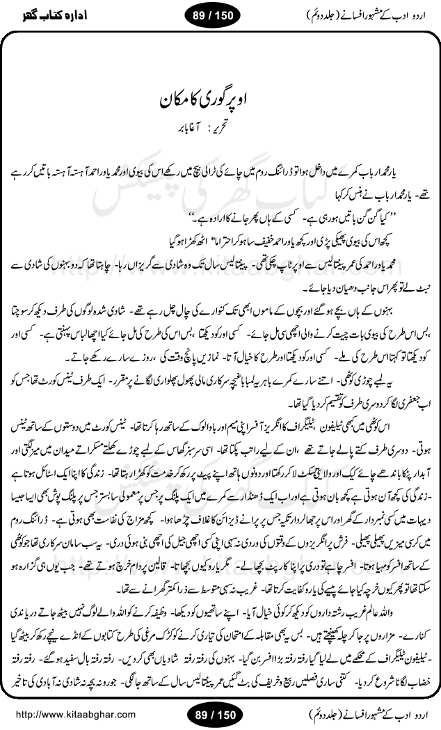 Urdu Adab ke Mashhoor (maroof) Afsanay is a second collection of selective short stories (afsane) of famous urdu writers (afsana nigar). It contains Kali Bala by Shaukat Siddiqi, Qaidi by Ibrahim Jalees, Akhrot Jha chuha bhes by Mumtaz Mufti, Saib ka Darakht, Bottle ka Jini by A. Hameed, Fasla by Wajda Tabassum, Badam Rangi by Balwant Singh, Bayhuda Khawand by Kanhaya Lal Kapoor, Ajeeb Qatal by Sheen Meem Jamil, Dil hi tou hay, Bhanwar, Gondani by Ghulam Abbas, Majeed ka Mazi, Pooja Phadday Baz by Saadat Hasan Manto, Mader Zaad by Khawaja Ahmed Abbas, Ooper Gori ka makaan by Agha Babar, Adha by Gulzar, SahibaN Mirza by Ali Haider Malik, Lottery by Munshi Prem Chand, Molvi Maherban Ali by Ibn-e-Insha, Lemon Juice by Chiter Sain, Gher Qanooni Mashwara, Loh-e-Mazar by MopasaN (terjuma), Aik thi Fakhta by Muhammad Mansha Yaad, Soti Salgira by Ashfaq Ahmed