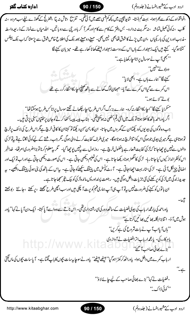 Urdu Adab ke Mashhoor (maroof) Afsanay is a second collection of selective short stories (afsane) of famous urdu writers (afsana nigar). It contains Kali Bala by Shaukat Siddiqi, Qaidi by Ibrahim Jalees, Akhrot Jha chuha bhes by Mumtaz Mufti, Saib ka Darakht, Bottle ka Jini by A. Hameed, Fasla by Wajda Tabassum, Badam Rangi by Balwant Singh, Bayhuda Khawand by Kanhaya Lal Kapoor, Ajeeb Qatal by Sheen Meem Jamil, Dil hi tou hay, Bhanwar, Gondani by Ghulam Abbas, Majeed ka Mazi, Pooja Phadday Baz by Saadat Hasan Manto, Mader Zaad by Khawaja Ahmed Abbas, Ooper Gori ka makaan by Agha Babar, Adha by Gulzar, SahibaN Mirza by Ali Haider Malik, Lottery by Munshi Prem Chand, Molvi Maherban Ali by Ibn-e-Insha, Lemon Juice by Chiter Sain, Gher Qanooni Mashwara, Loh-e-Mazar by MopasaN (terjuma), Aik thi Fakhta by Muhammad Mansha Yaad, Soti Salgira by Ashfaq Ahmed