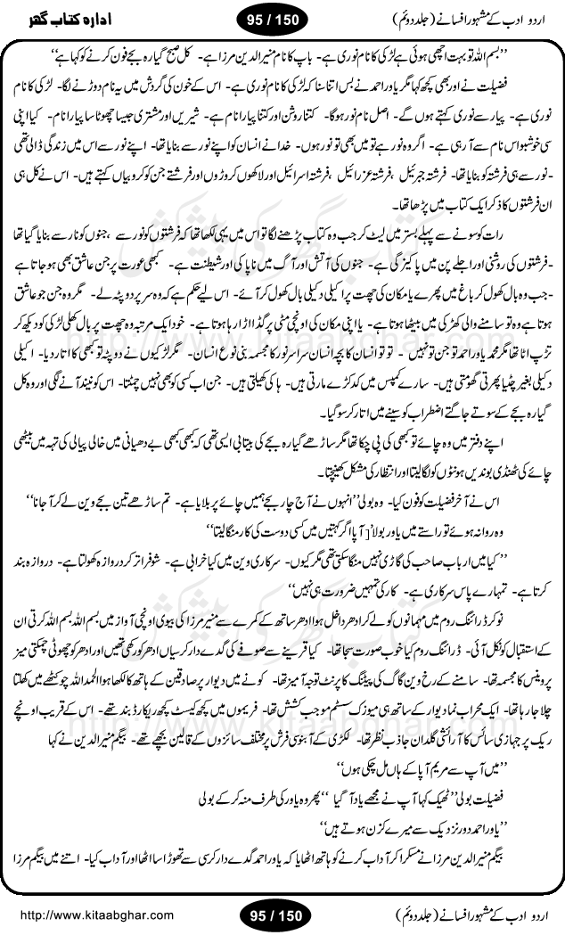 Urdu Adab ke Mashhoor (maroof) Afsanay is a second collection of selective short stories (afsane) of famous urdu writers (afsana nigar). It contains Kali Bala by Shaukat Siddiqi, Qaidi by Ibrahim Jalees, Akhrot Jha chuha bhes by Mumtaz Mufti, Saib ka Darakht, Bottle ka Jini by A. Hameed, Fasla by Wajda Tabassum, Badam Rangi by Balwant Singh, Bayhuda Khawand by Kanhaya Lal Kapoor, Ajeeb Qatal by Sheen Meem Jamil, Dil hi tou hay, Bhanwar, Gondani by Ghulam Abbas, Majeed ka Mazi, Pooja Phadday Baz by Saadat Hasan Manto, Mader Zaad by Khawaja Ahmed Abbas, Ooper Gori ka makaan by Agha Babar, Adha by Gulzar, SahibaN Mirza by Ali Haider Malik, Lottery by Munshi Prem Chand, Molvi Maherban Ali by Ibn-e-Insha, Lemon Juice by Chiter Sain, Gher Qanooni Mashwara, Loh-e-Mazar by MopasaN (terjuma), Aik thi Fakhta by Muhammad Mansha Yaad, Soti Salgira by Ashfaq Ahmed