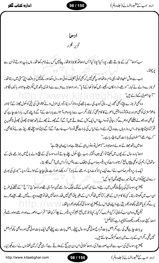 Urdu Adab ke Mashhoor (maroof) Afsanay is a second collection of selective short stories (afsane) of famous urdu writers (afsana nigar). It contains Kali Bala by Shaukat Siddiqi, Qaidi by Ibrahim Jalees, Akhrot Jha chuha bhes by Mumtaz Mufti, Saib ka Darakht, Bottle ka Jini by A. Hameed, Fasla by Wajda Tabassum, Badam Rangi by Balwant Singh, Bayhuda Khawand by Kanhaya Lal Kapoor, Ajeeb Qatal by Sheen Meem Jamil, Dil hi tou hay, Bhanwar, Gondani by Ghulam Abbas, Majeed ka Mazi, Pooja Phadday Baz by Saadat Hasan Manto, Mader Zaad by Khawaja Ahmed Abbas, Ooper Gori ka makaan by Agha Babar, Adha by Gulzar, SahibaN Mirza by Ali Haider Malik, Lottery by Munshi Prem Chand, Molvi Maherban Ali by Ibn-e-Insha, Lemon Juice by Chiter Sain, Gher Qanooni Mashwara, Loh-e-Mazar by MopasaN (terjuma), Aik thi Fakhta by Muhammad Mansha Yaad, Soti Salgira by Ashfaq Ahmed