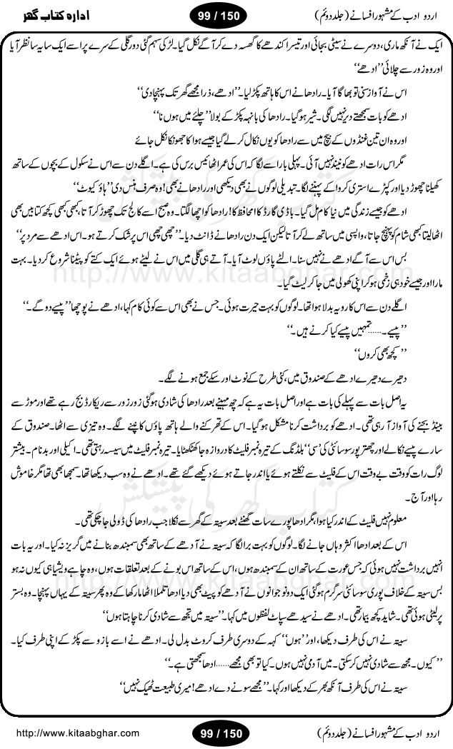 Urdu Adab ke Mashhoor (maroof) Afsanay is a second collection of selective short stories (afsane) of famous urdu writers (afsana nigar). It contains Kali Bala by Shaukat Siddiqi, Qaidi by Ibrahim Jalees, Akhrot Jha chuha bhes by Mumtaz Mufti, Saib ka Darakht, Bottle ka Jini by A. Hameed, Fasla by Wajda Tabassum, Badam Rangi by Balwant Singh, Bayhuda Khawand by Kanhaya Lal Kapoor, Ajeeb Qatal by Sheen Meem Jamil, Dil hi tou hay, Bhanwar, Gondani by Ghulam Abbas, Majeed ka Mazi, Pooja Phadday Baz by Saadat Hasan Manto, Mader Zaad by Khawaja Ahmed Abbas, Ooper Gori ka makaan by Agha Babar, Adha by Gulzar, SahibaN Mirza by Ali Haider Malik, Lottery by Munshi Prem Chand, Molvi Maherban Ali by Ibn-e-Insha, Lemon Juice by Chiter Sain, Gher Qanooni Mashwara, Loh-e-Mazar by MopasaN (terjuma), Aik thi Fakhta by Muhammad Mansha Yaad, Soti Salgira by Ashfaq Ahmed