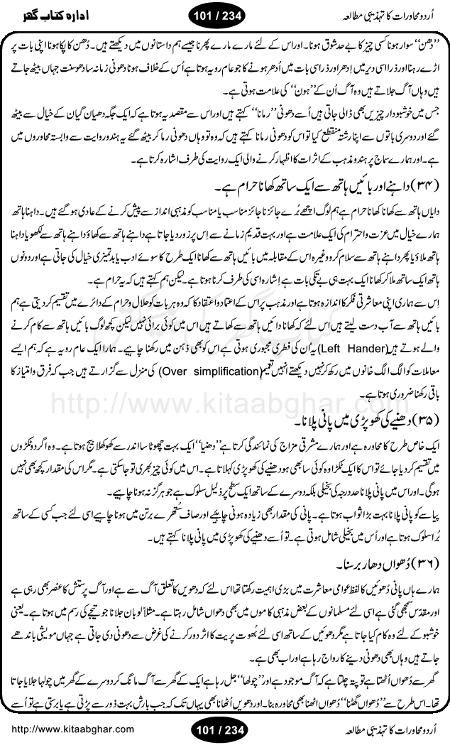 Urdu Muhavrat ka Tehzibi Mutalea (Cultural study of Urdu Idioms) is a great book by Dr. Ishrat Jehan Hashmi, which discusses the role of culture and our society in the idioms and proverbs of Urdu / Hindi. Its an excellent effort and very hand for urdu learning students as well as those individuals who like to study the roots of our culture, language, society