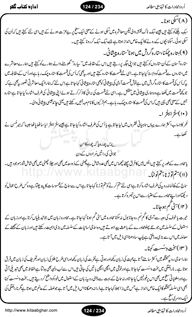 Urdu Muhavrat ka Tehzibi Mutalea (Cultural study of Urdu Idioms) is a great book by Dr. Ishrat Jehan Hashmi, which discusses the role of culture and our society in the idioms and proverbs of Urdu / Hindi. Its an excellent effort and very hand for urdu learning students as well as those individuals who like to study the roots of our culture, language, society