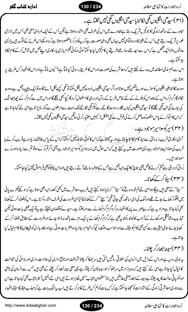 Urdu Muhavrat ka Tehzibi Mutalea (Cultural study of Urdu Idioms) is a great book by Dr. Ishrat Jehan Hashmi, which discusses the role of culture and our society in the idioms and proverbs of Urdu / Hindi. Its an excellent effort and very hand for urdu learning students as well as those individuals who like to study the roots of our culture, language, society