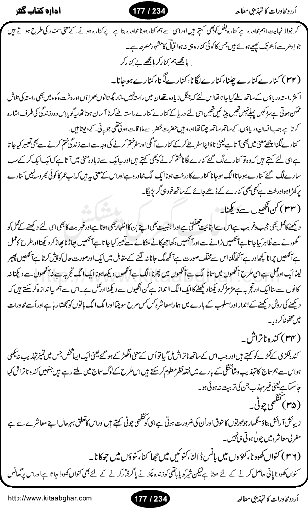 Urdu Muhavrat ka Tehzibi Mutalea (Cultural study of Urdu Idioms) is a great book by Dr. Ishrat Jehan Hashmi, which discusses the role of culture and our society in the idioms and proverbs of Urdu / Hindi. Its an excellent effort and very hand for urdu learning students as well as those individuals who like to study the roots of our culture, language, society