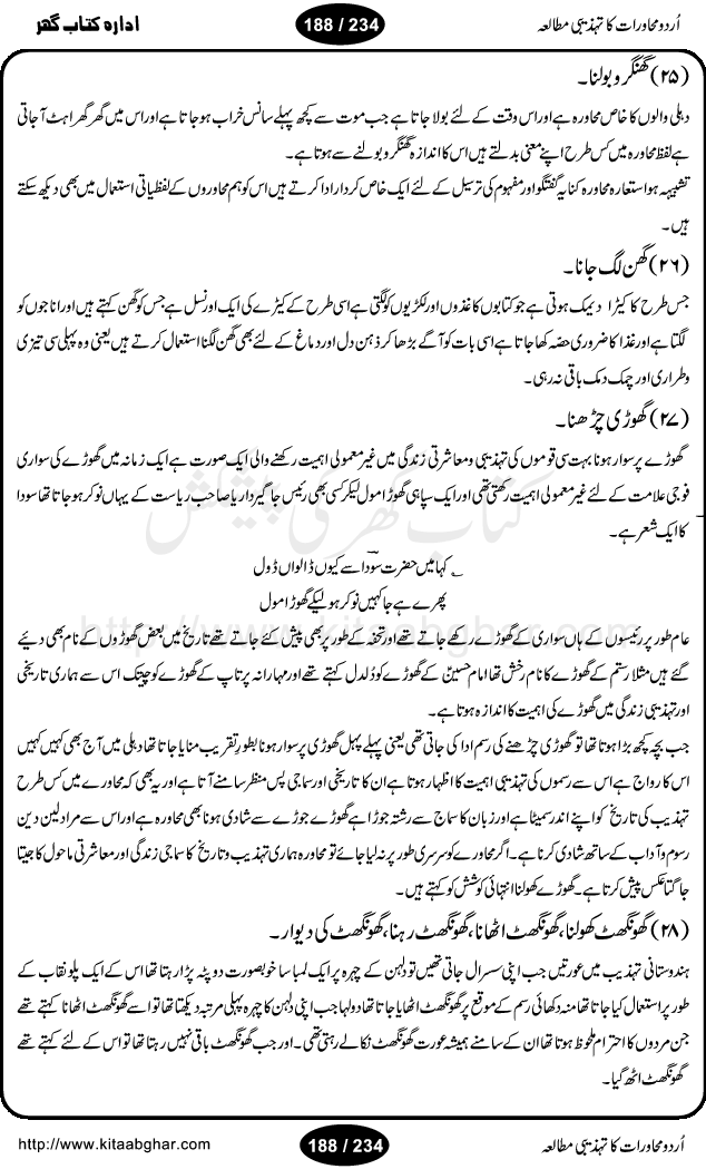 Urdu Muhavrat ka Tehzibi Mutalea (Cultural study of Urdu Idioms) is a great book by Dr. Ishrat Jehan Hashmi, which discusses the role of culture and our society in the idioms and proverbs of Urdu / Hindi. Its an excellent effort and very hand for urdu learning students as well as those individuals who like to study the roots of our culture, language, society