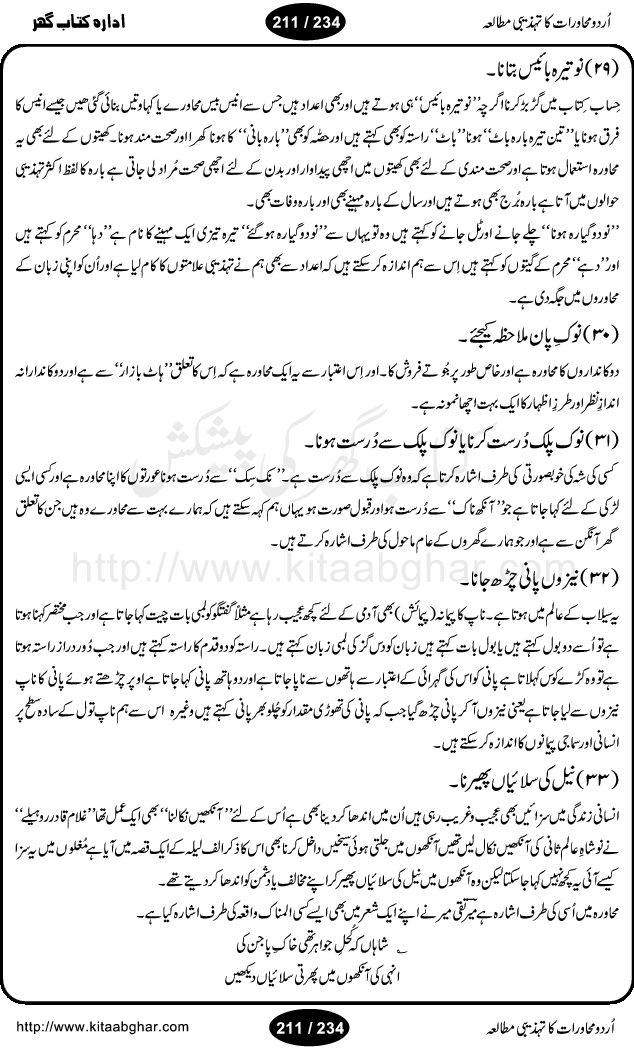 Urdu Muhavrat ka Tehzibi Mutalea (Cultural study of Urdu Idioms) is a great book by Dr. Ishrat Jehan Hashmi, which discusses the role of culture and our society in the idioms and proverbs of Urdu / Hindi. Its an excellent effort and very hand for urdu learning students as well as those individuals who like to study the roots of our culture, language, society