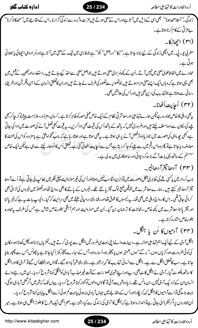 Urdu Muhavrat ka Tehzibi Mutalea (Cultural study of Urdu Idioms) is a great book by Dr. Ishrat Jehan Hashmi, which discusses the role of culture and our society in the idioms and proverbs of Urdu / Hindi. Its an excellent effort and very hand for urdu learning students as well as those individuals who like to study the roots of our culture, language, society