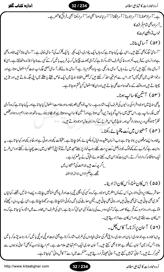 Urdu Muhavrat ka Tehzibi Mutalea (Cultural study of Urdu Idioms) is a great book by Dr. Ishrat Jehan Hashmi, which discusses the role of culture and our society in the idioms and proverbs of Urdu / Hindi. Its an excellent effort and very hand for urdu learning students as well as those individuals who like to study the roots of our culture, language, society