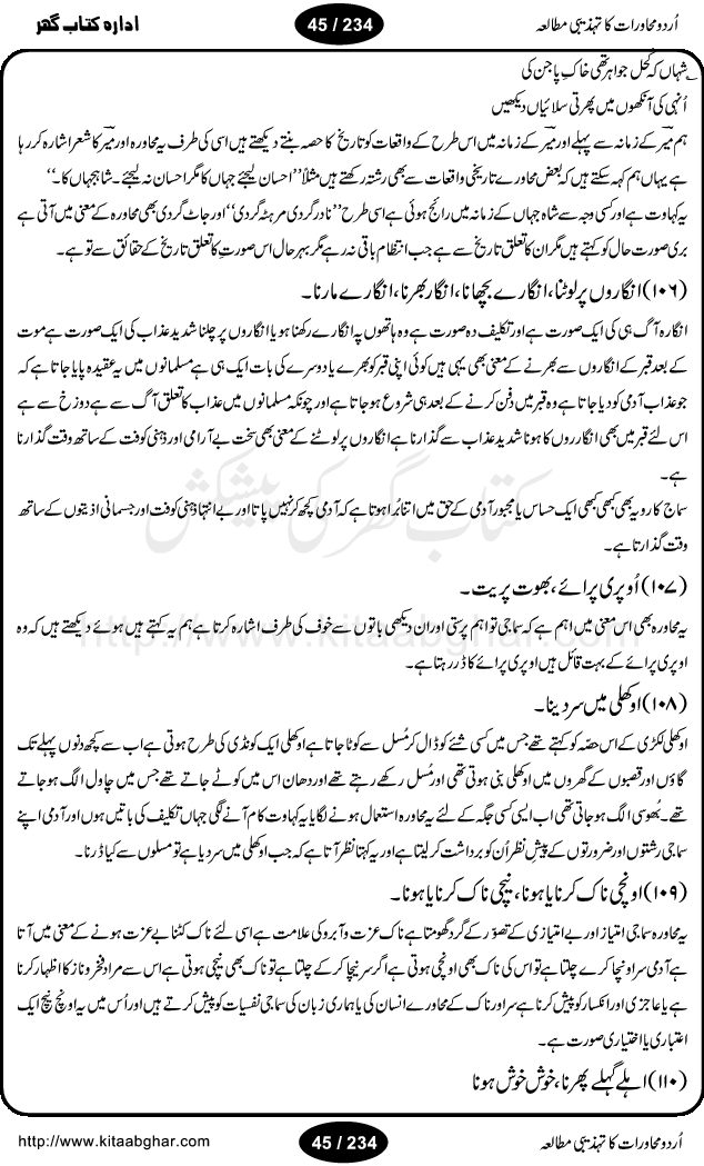 Urdu Muhavrat ka Tehzibi Mutalea (Cultural study of Urdu Idioms) is a great book by Dr. Ishrat Jehan Hashmi, which discusses the role of culture and our society in the idioms and proverbs of Urdu / Hindi. Its an excellent effort and very hand for urdu learning students as well as those individuals who like to study the roots of our culture, language, society