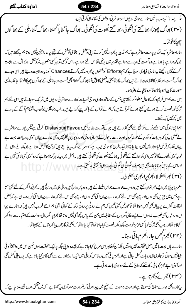 Urdu Muhavrat ka Tehzibi Mutalea (Cultural study of Urdu Idioms) is a great book by Dr. Ishrat Jehan Hashmi, which discusses the role of culture and our society in the idioms and proverbs of Urdu / Hindi. Its an excellent effort and very hand for urdu learning students as well as those individuals who like to study the roots of our culture, language, society