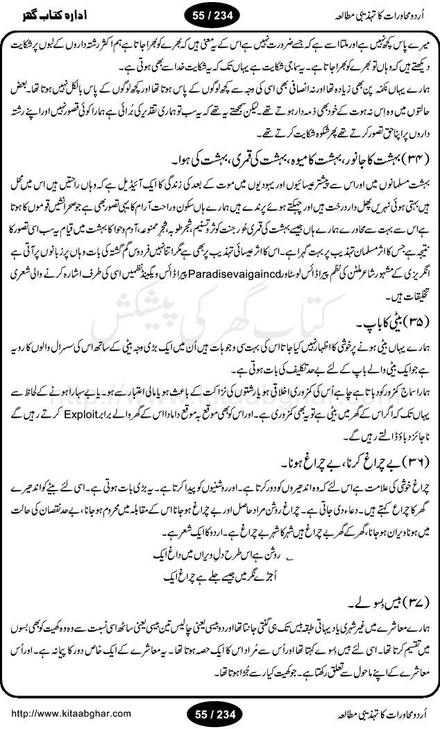 Urdu Muhavrat ka Tehzibi Mutalea (Cultural study of Urdu Idioms) is a great book by Dr. Ishrat Jehan Hashmi, which discusses the role of culture and our society in the idioms and proverbs of Urdu / Hindi. Its an excellent effort and very hand for urdu learning students as well as those individuals who like to study the roots of our culture, language, society