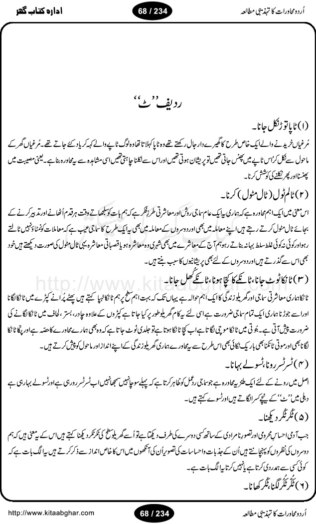 Urdu Muhavrat ka Tehzibi Mutalea (Cultural study of Urdu Idioms) is a great book by Dr. Ishrat Jehan Hashmi, which discusses the role of culture and our society in the idioms and proverbs of Urdu / Hindi. Its an excellent effort and very hand for urdu learning students as well as those individuals who like to study the roots of our culture, language, society