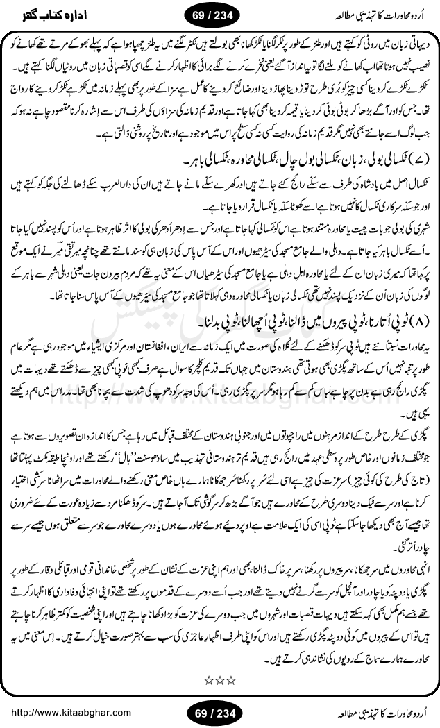 Urdu Muhavrat ka Tehzibi Mutalea (Cultural study of Urdu Idioms) is a great book by Dr. Ishrat Jehan Hashmi, which discusses the role of culture and our society in the idioms and proverbs of Urdu / Hindi. Its an excellent effort and very hand for urdu learning students as well as those individuals who like to study the roots of our culture, language, society