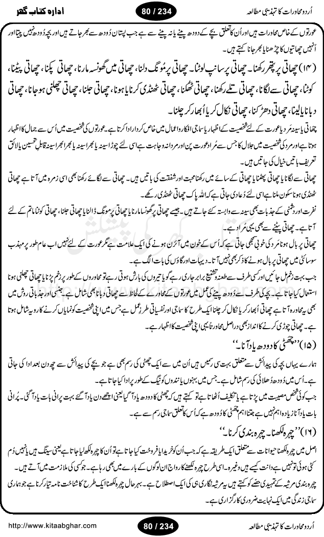 Urdu Muhavrat ka Tehzibi Mutalea (Cultural study of Urdu Idioms) is a great book by Dr. Ishrat Jehan Hashmi, which discusses the role of culture and our society in the idioms and proverbs of Urdu / Hindi. Its an excellent effort and very hand for urdu learning students as well as those individuals who like to study the roots of our culture, language, society