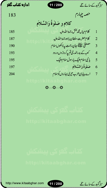 Hamdia Kalam, Allah Hu Allah Hoo, Allah Allah Hu, Allah Allah Hoo, Allah da name laie, mola da name laie, Ya Elahi her jagah teri ata ka saath ho, GunahoN ki aadat chuRa mere mola, Koi to hay jo nizam-e-hasti chala raha hay, Hasb Rabi Jale Allah, Zikar-e-kalima sharif, Allah Karam Allah Allah, Kahti hay phooloN ki rida Allah hu Allah, Natia Kalam, Ya Rasool Allah, tere dar ki fizaaoN ko salam, Annabi Sallu Alaih Ya Rasool allah, Nematain baanTta jis simt woh zeeshan gaya, woh sue lala zar phirte hain, woh kamal husn huzoor hay keh gumaaN nuqs jahaN nahi, mein medina chala, der pe bulao makki madni, poochte kia ho medinay se mein kya laya hooN, sab se ola o ala hamara nabi, mujhe der pe phir bulana madni medinay walay, aaya hay bulawa mujhe derbar-e-nabi se, Amna bibi ke gulshan mein aaie tazah bahar, Ay kaash phir aa jaye attar madinay mein, aaj hay jashn-e-wiladat marhaba ya mustafa, payara payara hay medina, paRh ke samjho kya hay meem, tajdar-e-haram ho nigah-e-karam, jab husn tha unka jalwa numa, jis ne medina jana, bher do jholi meri ya muhammad, Noori mehfil pe chader tani noor ki, jashn-e-aamad rasool, jashn-e-wiladat ke moqay per lagaye janay walay dawat-e-islami ke naray, sarwar kahoon keh maalik o mola kahoon tujhay, aasman ger tere talwoN ka nazara kerta, huzoor aisa koi intizam ho jaye, tumhara name musibat mein jab lia hoga, yeh kis shahansha wala ki aamad hay bolo marhaba, tu shamma risalat hay aalam tera perwana, zaier kue jinaaN aahista chal, dhaRkanoN tum hi kaho waqt woh kaisa hoga, jaam ulfat ka pilao ya rasool allah, ay sabz gumbad walay manzoor dua kerna, guzer ho jaye mera bhi ager medina mein, khusravi achhi lagi na sarwari achhi lagi, mehboob ki mehfil ko mehboob sajatay hain, bula lo phir mujhe ay shah-e-baher w madinay mein, koi saliqa hay aarzu ka, her waqt tasawwur mein madinay ki gali ho, tayyab ki yaad aaie hay, alwida tajdar-e-medina, chamak tujh se patay hain sab panay walay, aaqa aaqa bol banday, paray paray pay likha hay, aiy arab ke tajdar ahlan wa sahlan marhaba, ya rasool allah mujrim aa gaye, khuda ka zikr karay zikar-e-mustafa na karay, firaq-e-medina mein dil ro raha hay, na kalim ka tasawwur na khayal-e-toor sina, mein sadqay ya rasool allah, Ya muhammad muhammad mein kahta raha, noor wala aaya hay, mein so jaaon ya mustafa kahtay kahtay, ghulam hain ghulam, rasool ke ghulam hain, shah medina shah-e-medina, zameen o zamaN tumharay lie, kuchh nahi maangta shahoN se yeh shida tera, keonker na ho mere dil mein chahat rasool ki, unki mehak ne dil ke ghinche khila die, aisa lagta hay medina woh jald bulaien ge, dhoom macha do aamad ki aa gaye sirkaar, chhor fiker dunia ki chal medinay chaltay hain, khosha jhoomta ja raha hay safina, saray jag naaloN lag diyan changiaN medinay dia pak galyaN, sabz gumbad ke say mein gher chahie, sabz gumbad ke saye mein gher chahie, teri jalioN ke neechay teri rahmatoN ke saye, ishq ke rang mein rang jaieN mere yaar, bolo ya nabi ya nabi, huzoor aa gaye hain, tala albadar alaina, hay shahad se bhi meeTha sirkar ka medina, woh din aaye ga ik baar, rab mehfila sajayaN ne sirkar wastay, khushian sabhi manao sirkaar aa ga gaye, molai salle wasallam daima abdan, Manaqib, mein tou panjtan ka ghulam hoon, manqibat ba huzoor ghos-e-azam, shah merdaan sher yazdan, shukria aap ka baghdad bulaya ya ghos, sultan olia ko hamara salam, syed ne karbala mein waday nibha die, sirkar ghos-e-azam, sultan karbala ko hamara salam, sun lo ay piroN ke peer, jie shah noorani, Kalam o salato wassalam, kalam mian muhammad bakhsh, kalam hazrat sultan bahu, mustafa jaan-e-rehmat pe laakhoN salam, kaba ke badruddaji tum pe kaRoRoN darood, ya nabi salam alaik ya rasool allah salam alaik, salatu wassalam, ay bayaban arb teri baharoN ko salam
