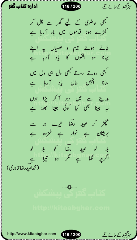 Hamdia Kalam, Allah Hu Allah Hoo, Allah Allah Hu, Allah Allah Hoo, Allah da name laie, mola da name laie, Ya Elahi her jagah teri ata ka saath ho, GunahoN ki aadat chuRa mere mola, Koi to hay jo nizam-e-hasti chala raha hay, Hasb Rabi Jale Allah, Zikar-e-kalima sharif, Allah Karam Allah Allah, Kahti hay phooloN ki rida Allah hu Allah, Natia Kalam, Ya Rasool Allah, tere dar ki fizaaoN ko salam, Annabi Sallu Alaih Ya Rasool allah, Nematain baanTta jis simt woh zeeshan gaya, woh sue lala zar phirte hain, woh kamal husn huzoor hay keh gumaaN nuqs jahaN nahi, mein medina chala, der pe bulao makki madni, poochte kia ho medinay se mein kya laya hooN, sab se ola o ala hamara nabi, mujhe der pe phir bulana madni medinay walay, aaya hay bulawa mujhe derbar-e-nabi se, Amna bibi ke gulshan mein aaie tazah bahar, Ay kaash phir aa jaye attar madinay mein, aaj hay jashn-e-wiladat marhaba ya mustafa, payara payara hay medina, paRh ke samjho kya hay meem, tajdar-e-haram ho nigah-e-karam, jab husn tha unka jalwa numa, jis ne medina jana, bher do jholi meri ya muhammad, Noori mehfil pe chader tani noor ki, jashn-e-aamad rasool, jashn-e-wiladat ke moqay per lagaye janay walay dawat-e-islami ke naray, sarwar kahoon keh maalik o mola kahoon tujhay, aasman ger tere talwoN ka nazara kerta, huzoor aisa koi intizam ho jaye, tumhara name musibat mein jab lia hoga, yeh kis shahansha wala ki aamad hay bolo marhaba, tu shamma risalat hay aalam tera perwana, zaier kue jinaaN aahista chal, dhaRkanoN tum hi kaho waqt woh kaisa hoga, jaam ulfat ka pilao ya rasool allah, ay sabz gumbad walay manzoor dua kerna, guzer ho jaye mera bhi ager medina mein, khusravi achhi lagi na sarwari achhi lagi, mehboob ki mehfil ko mehboob sajatay hain, bula lo phir mujhe ay shah-e-baher w madinay mein, koi saliqa hay aarzu ka, her waqt tasawwur mein madinay ki gali ho, tayyab ki yaad aaie hay, alwida tajdar-e-medina, chamak tujh se patay hain sab panay walay, aaqa aaqa bol banday, paray paray pay likha hay, aiy arab ke tajdar ahlan wa sahlan marhaba, ya rasool allah mujrim aa gaye, khuda ka zikr karay zikar-e-mustafa na karay, firaq-e-medina mein dil ro raha hay, na kalim ka tasawwur na khayal-e-toor sina, mein sadqay ya rasool allah, Ya muhammad muhammad mein kahta raha, noor wala aaya hay, mein so jaaon ya mustafa kahtay kahtay, ghulam hain ghulam, rasool ke ghulam hain, shah medina shah-e-medina, zameen o zamaN tumharay lie, kuchh nahi maangta shahoN se yeh shida tera, keonker na ho mere dil mein chahat rasool ki, unki mehak ne dil ke ghinche khila die, aisa lagta hay medina woh jald bulaien ge, dhoom macha do aamad ki aa gaye sirkaar, chhor fiker dunia ki chal medinay chaltay hain, khosha jhoomta ja raha hay safina, saray jag naaloN lag diyan changiaN medinay dia pak galyaN, sabz gumbad ke say mein gher chahie, sabz gumbad ke saye mein gher chahie, teri jalioN ke neechay teri rahmatoN ke saye, ishq ke rang mein rang jaieN mere yaar, bolo ya nabi ya nabi, huzoor aa gaye hain, tala albadar alaina, hay shahad se bhi meeTha sirkar ka medina, woh din aaye ga ik baar, rab mehfila sajayaN ne sirkar wastay, khushian sabhi manao sirkaar aa ga gaye, molai salle wasallam daima abdan, Manaqib, mein tou panjtan ka ghulam hoon, manqibat ba huzoor ghos-e-azam, shah merdaan sher yazdan, shukria aap ka baghdad bulaya ya ghos, sultan olia ko hamara salam, syed ne karbala mein waday nibha die, sirkar ghos-e-azam, sultan karbala ko hamara salam, sun lo ay piroN ke peer, jie shah noorani, Kalam o salato wassalam, kalam mian muhammad bakhsh, kalam hazrat sultan bahu, mustafa jaan-e-rehmat pe laakhoN salam, kaba ke badruddaji tum pe kaRoRoN darood, ya nabi salam alaik ya rasool allah salam alaik, salatu wassalam, ay bayaban arb teri baharoN ko salam